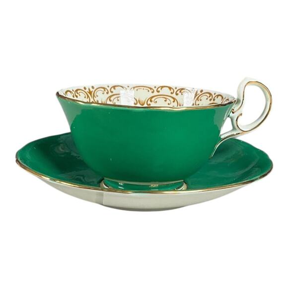 Vintage AYNSLEY Tea Cup & Saucer Set Bone China Vibrant Green Floral Bouquet - Picture 3 of 10